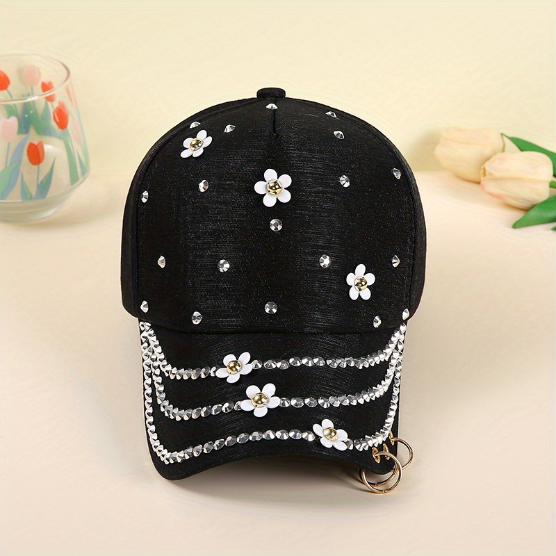 Rhinestone Flower Decor Baseball Elegant Shiny Black - Temu