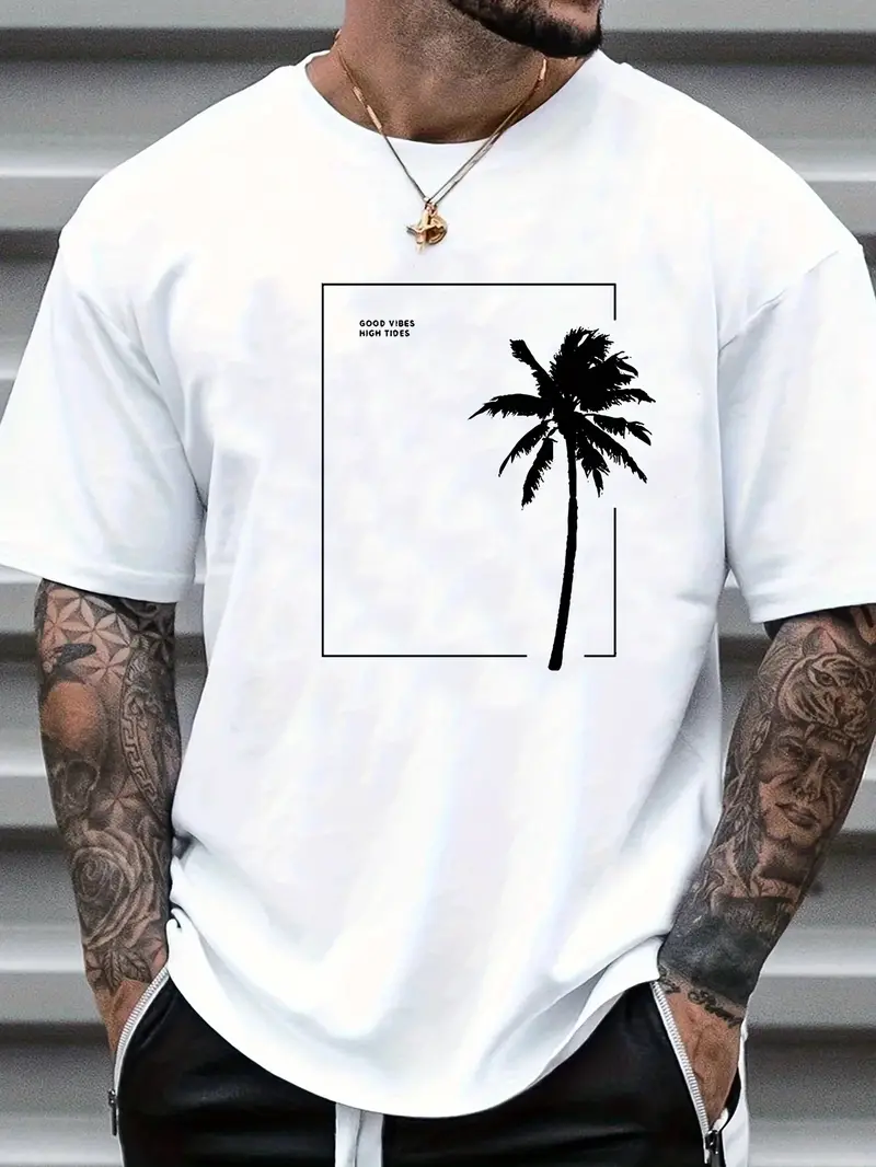 Coconut Tree Print Men's Graphic Design Crew Neck T shirt - Temu