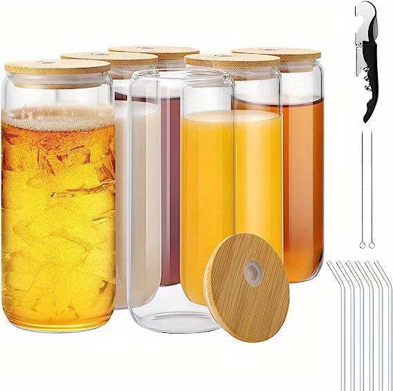 Glass Cups With Lids And Straws 4pcs Set-20oz Drinking Glasses With Bamboo  Lid And Straw,iced Coffee Cup,beer Can Shaped Glass Cups,cute Glass Coffee