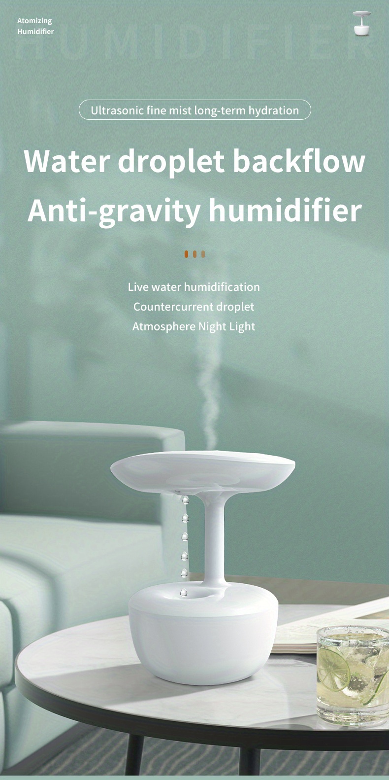 anti gravity water drop humidifier 700ml large capacity smart spray humidifier keep the air moist all day long creative water droplet back flow design automatic stop function humidifier suitable for office living room and bedroom details 0
