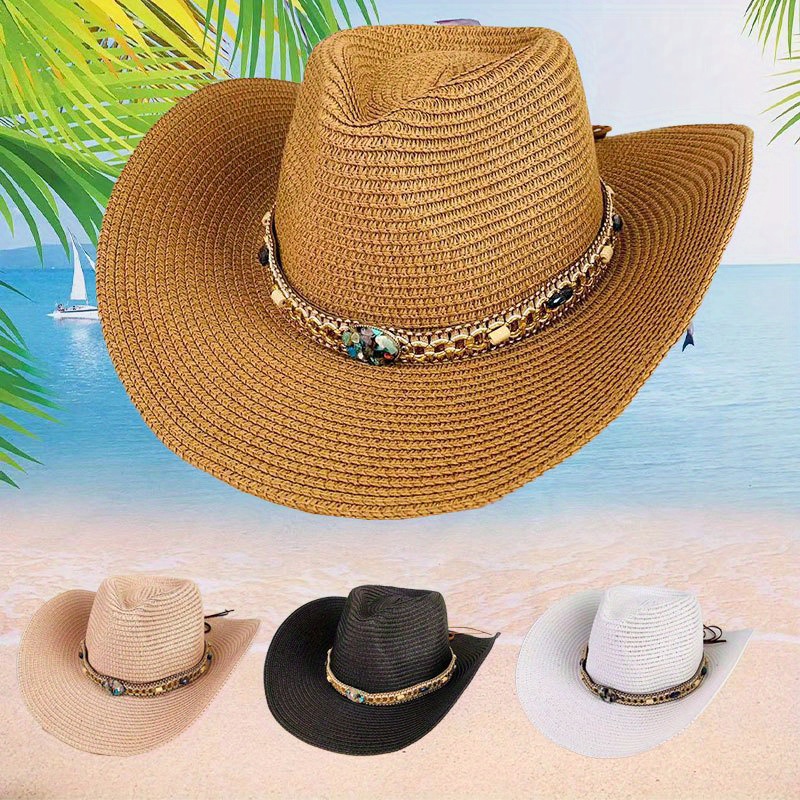 1pc Casual Versatile Sunshade Straw Hat With Black Band For