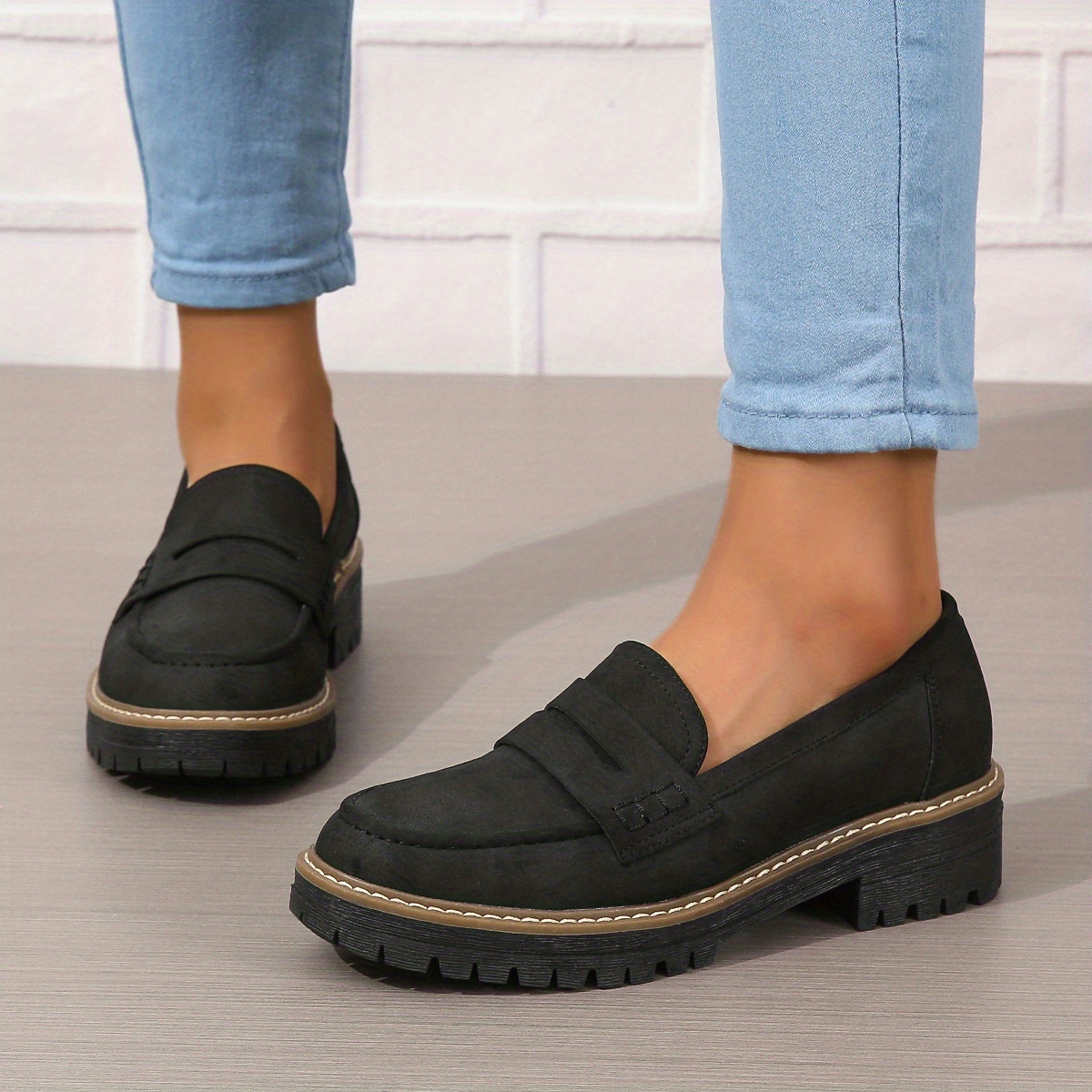 Dicke Halbschuhe für Damen, einfarbige Überschuhe mit runder Spitze im Retro-Stil, Schuhe aus Vollkunstleder_voghion.com