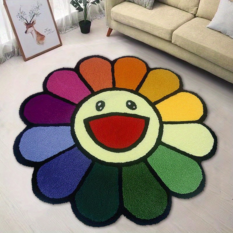 Cartoon Sunflower Round Mats Handmake Embroidery Soft Rugs Smile Flower  Carpet Children AntI-Slip Floor Mats Children Kids Gift