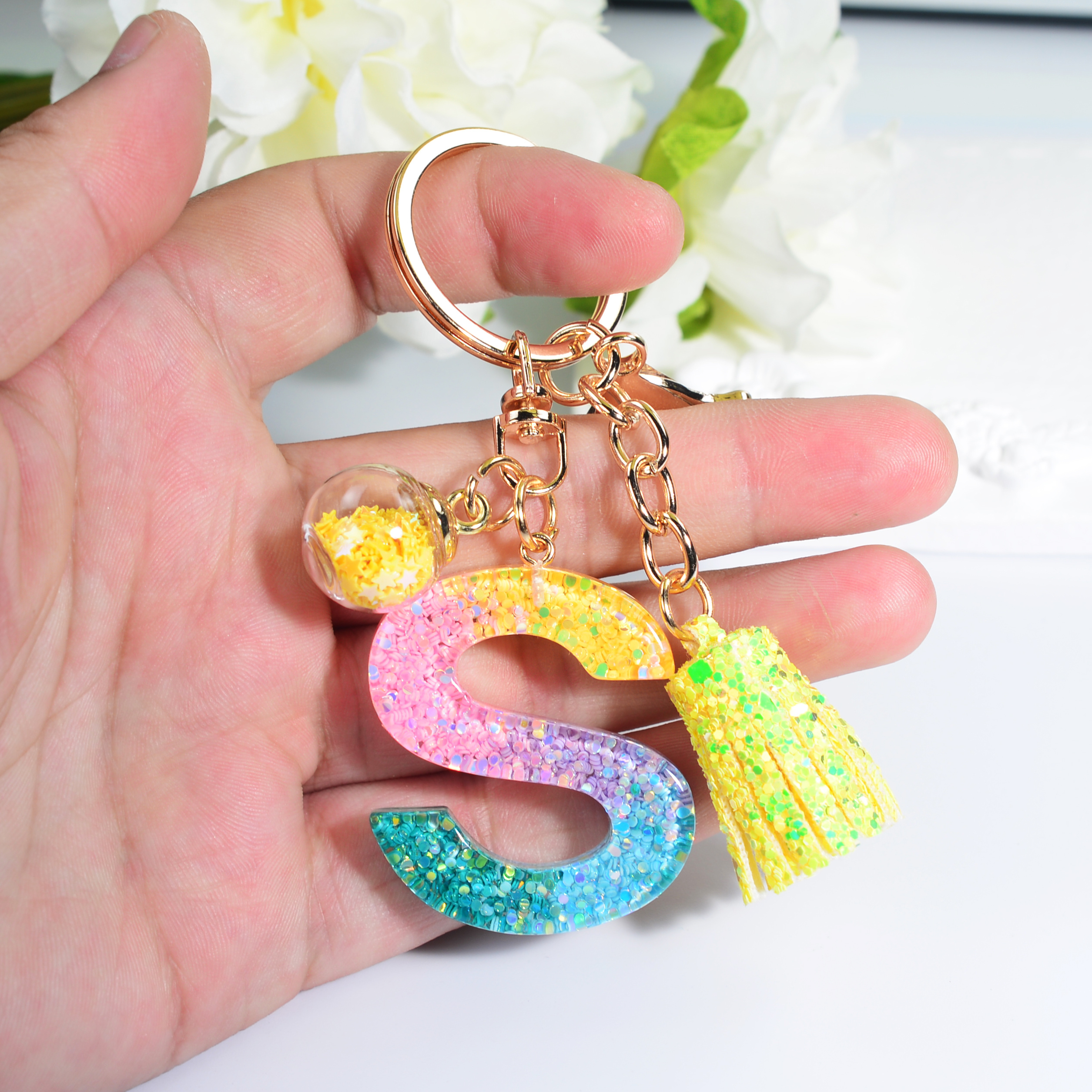 Sequins Alphabet Keychain Cute Color Block Resin Key Chain - Temu