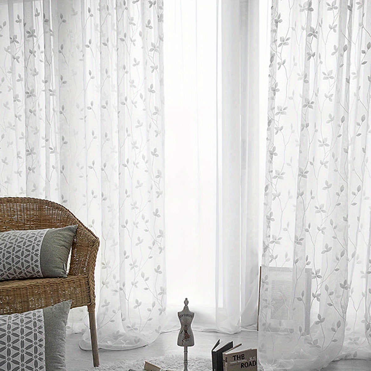 1pc Simple Embroidered Sheer Curtain, Rustic Vine Embroidery Window Sheer, Light-filtering Foliage Sheer Panel, Rod Pocket, Suitable For Living Room And Bedroom Decoration