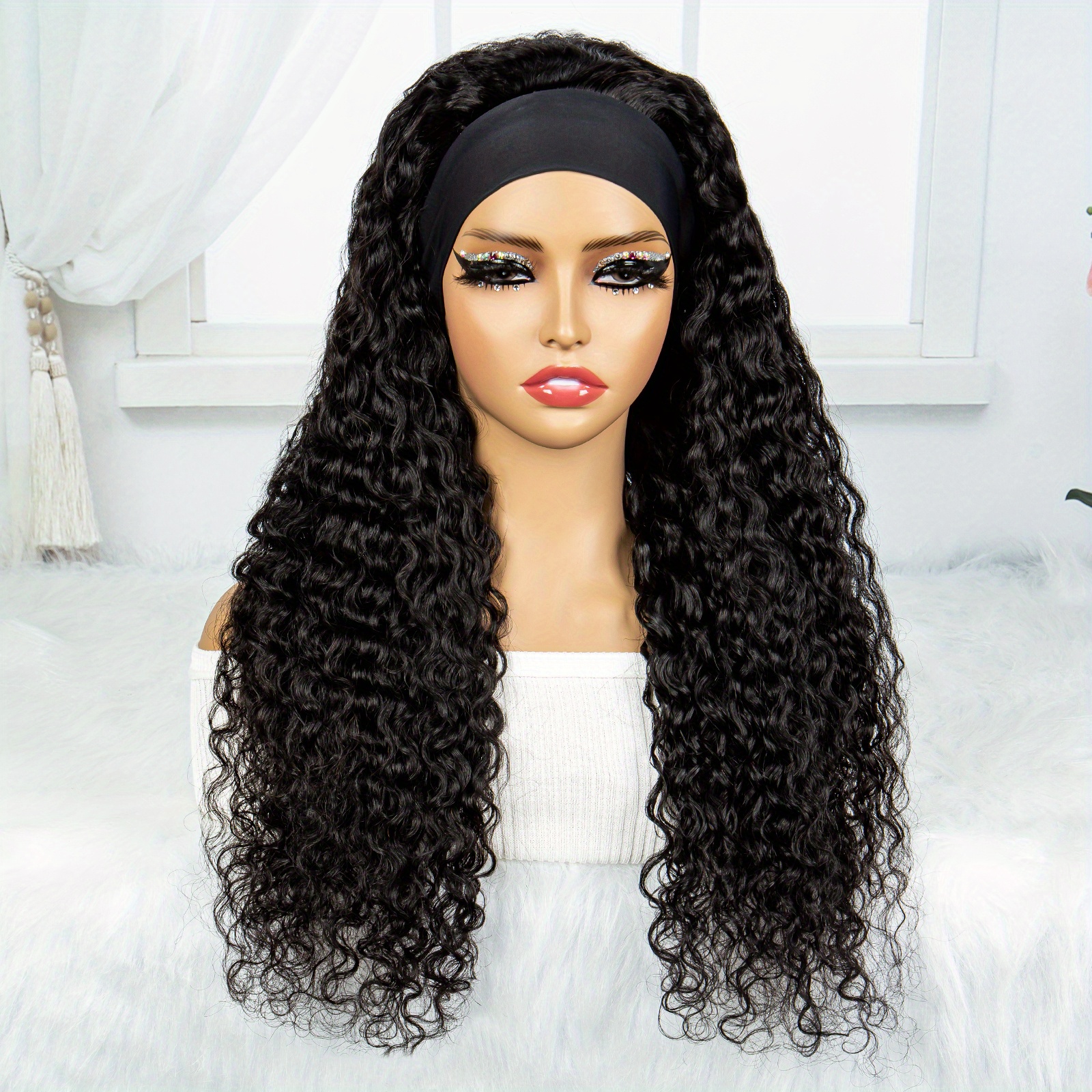 180 Density Human Hair Wig Headband Wig Natural Color Water Wave Curly Wig For Women Temu