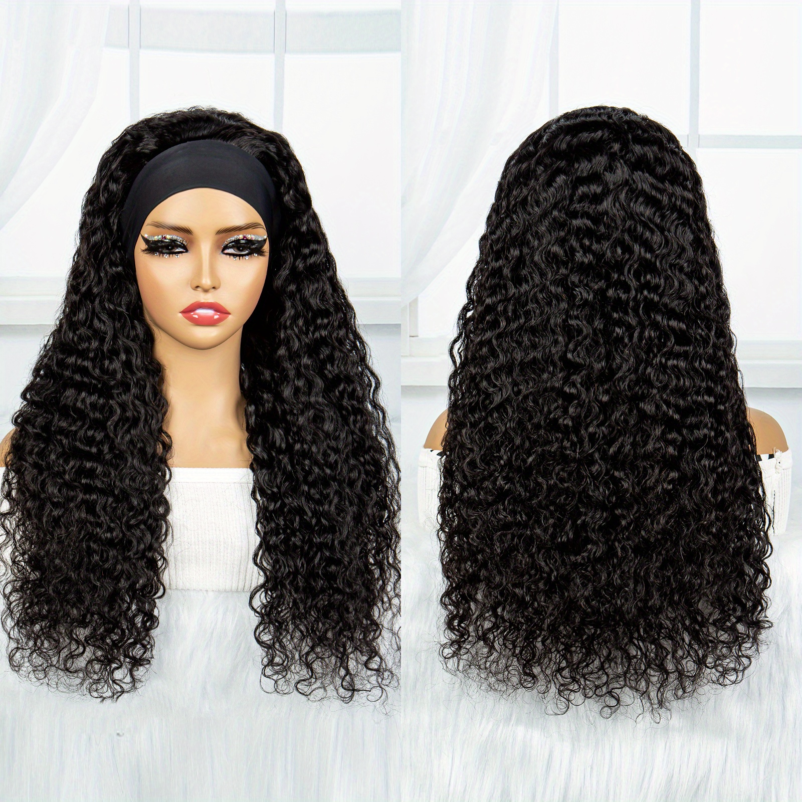 180% Density Human Hair Wig Headband Wig Natural Color Water Wave Curly ...