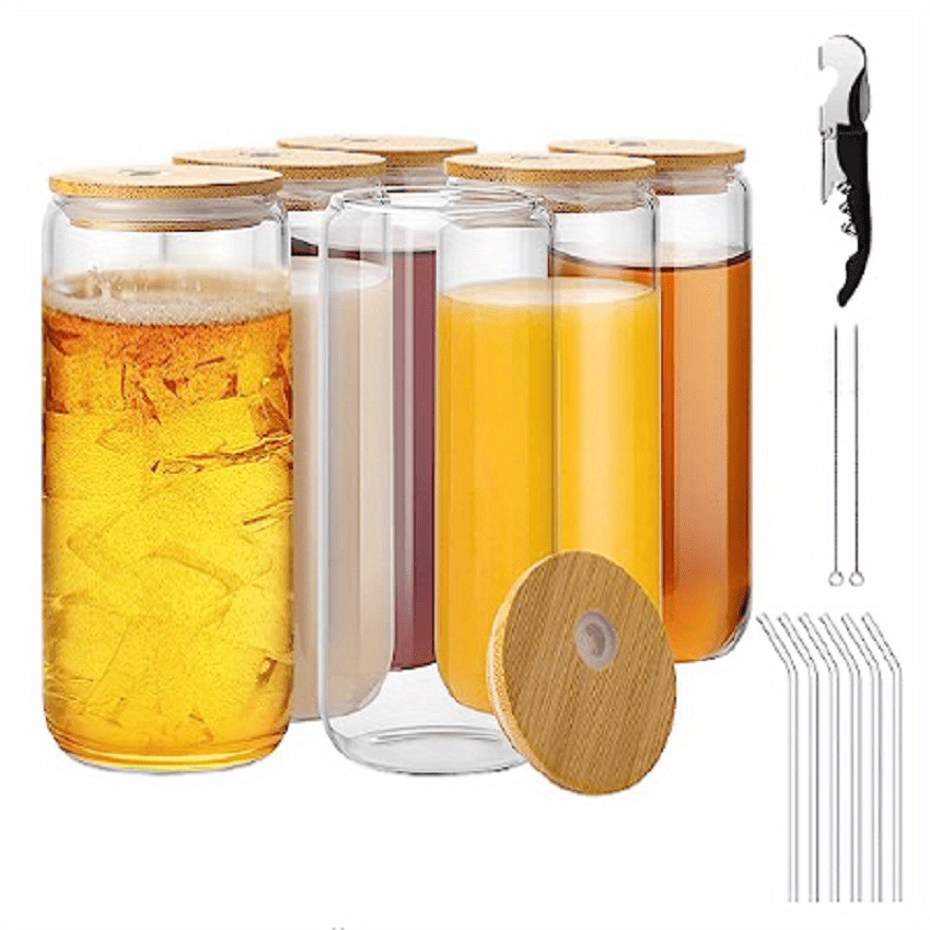 Drinking Glasses With Bamboo Lid And Glass Straw, Can-shaped Ice Glass  Coffee Cups, Drinking Cups, Beer Glasses And Whiskey, Tea, Soda, Gifts -  Temu