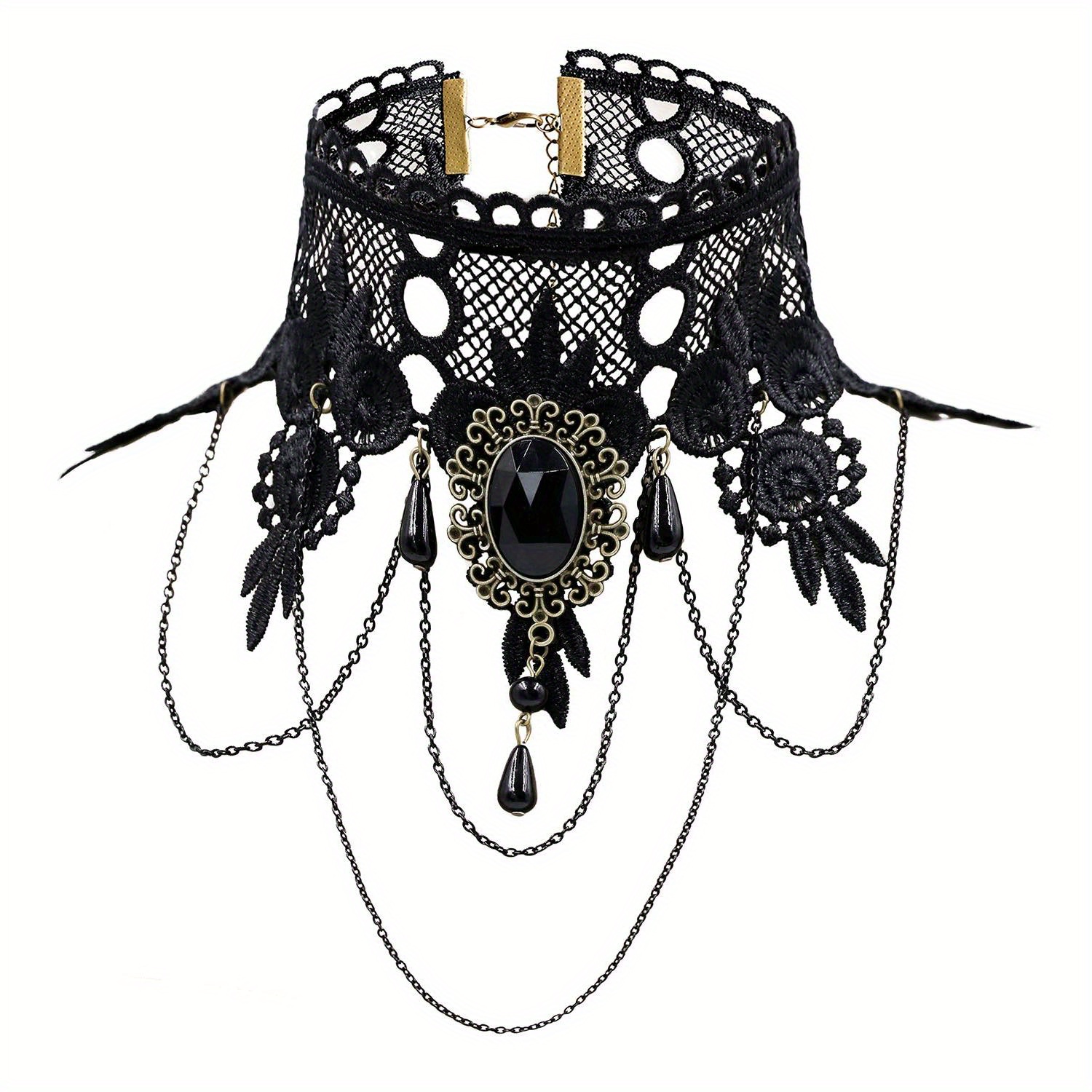 Vintage Royal Court Trend Gothic Lolita Black Lace Pearl Chain