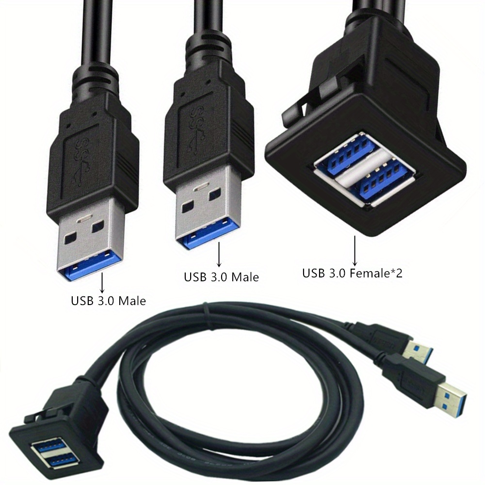 TNP - Cable de montaje empotrado USB 3.0, montaje en panel de salpicadero,  2 puertos, conector USB doble, conector de enchufe USB, cable de extensión