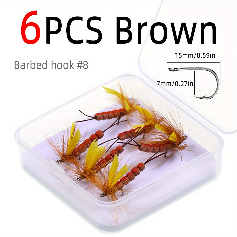 Bimoo 6PCS #10~#16 Grizzly Brown Hackle Adams Dry Fly Barbed Fly Hook May  Fly Midge Fly Trout Fishing Lures Baits Grey Yellow