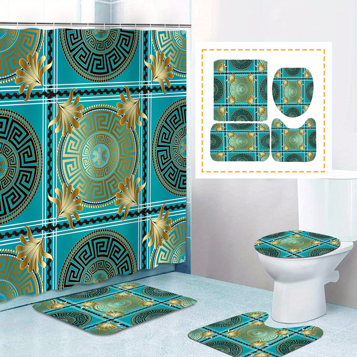 Shower Curtain Bath Mat Set Black Golden Geo Shower Curtain - Temu