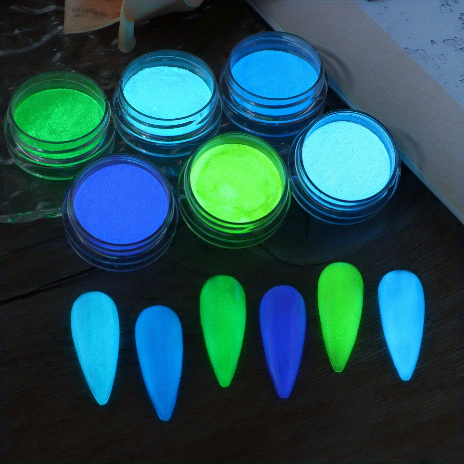 6 Box Luminous Chrome Nail Powder Glow In The Dark Pigment Phosphor Green  Blue Light Glitter For Nails Colorful Rubbing Dust Decoration Supplies