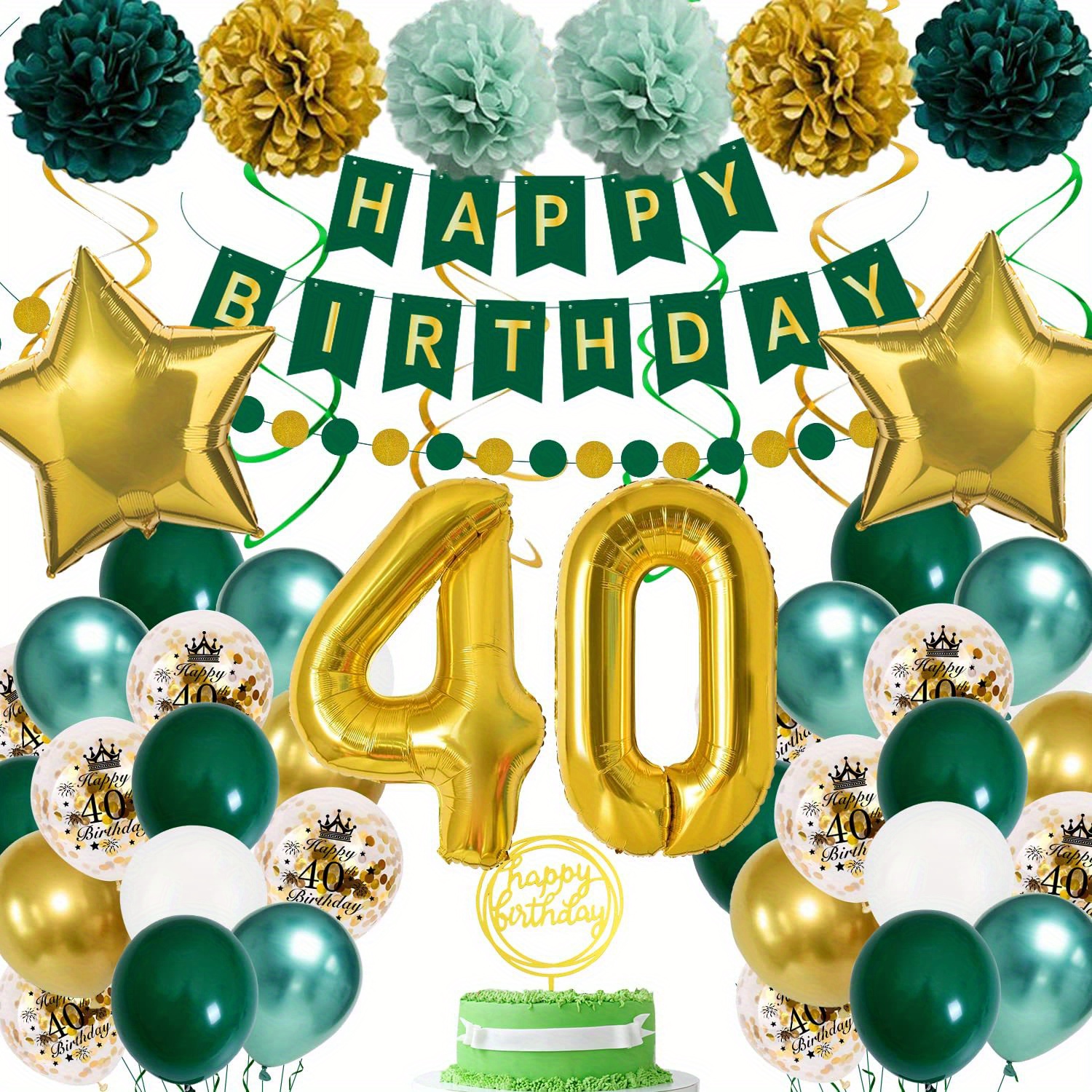 40th Birthday Decorations For Women Men, Green Golden 40th ...