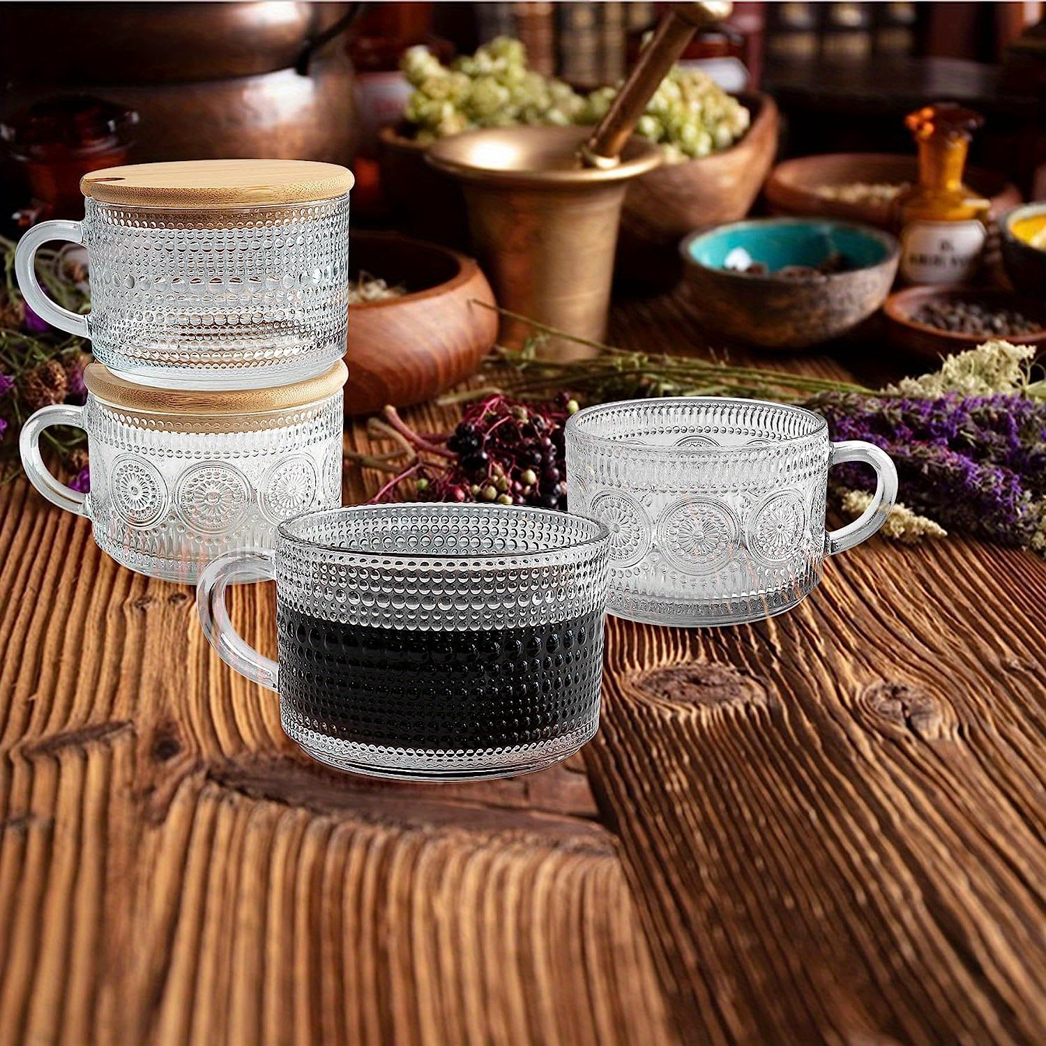  LUECMO Tazas de té de café vintage [4 unidades], tazas de café  de vidrio de 14 onzas, tazas de vidrio transparente en relieve para  capuchino, café con leche, cereales, yogur, bebidas (