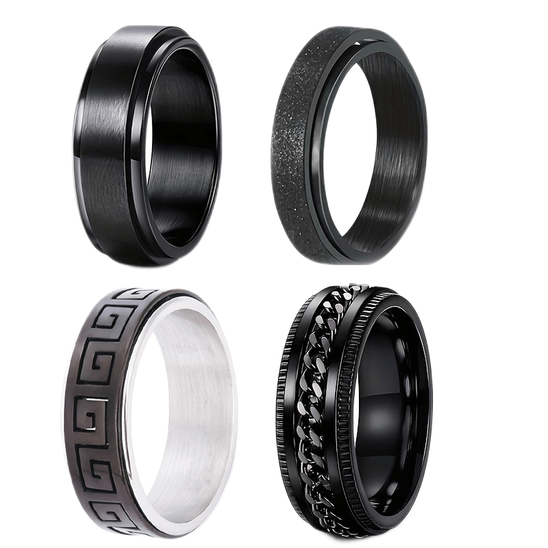 4pcs Stainless Steel Rotatable Rings Set - Great Wall Pattern