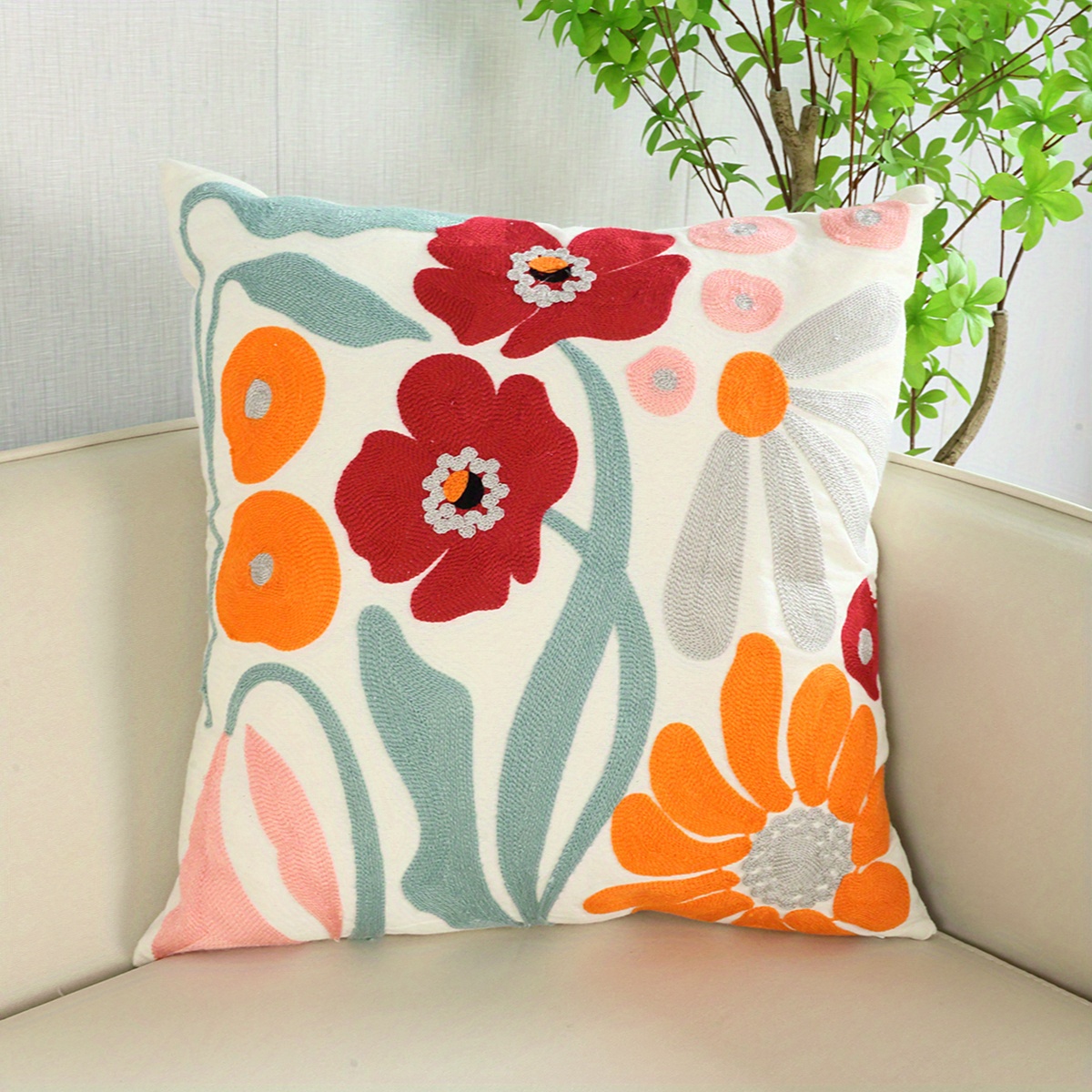 1pc Flower Embroidery Pillow Cover Without Filler, Modern Canvas Decorative Throw Pillow Case For Living Room, Home Decor