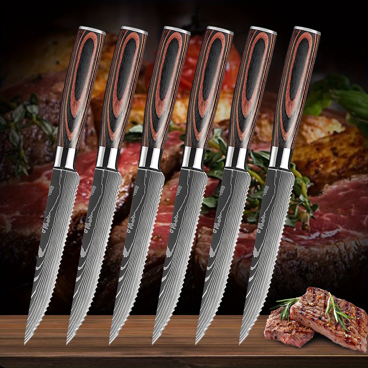 KKZY - Juego de cuchillos para carne, cuchillo dentado de acero inoxidable  con patrón de damasco, cuchillo de carne de res, multiusos, para