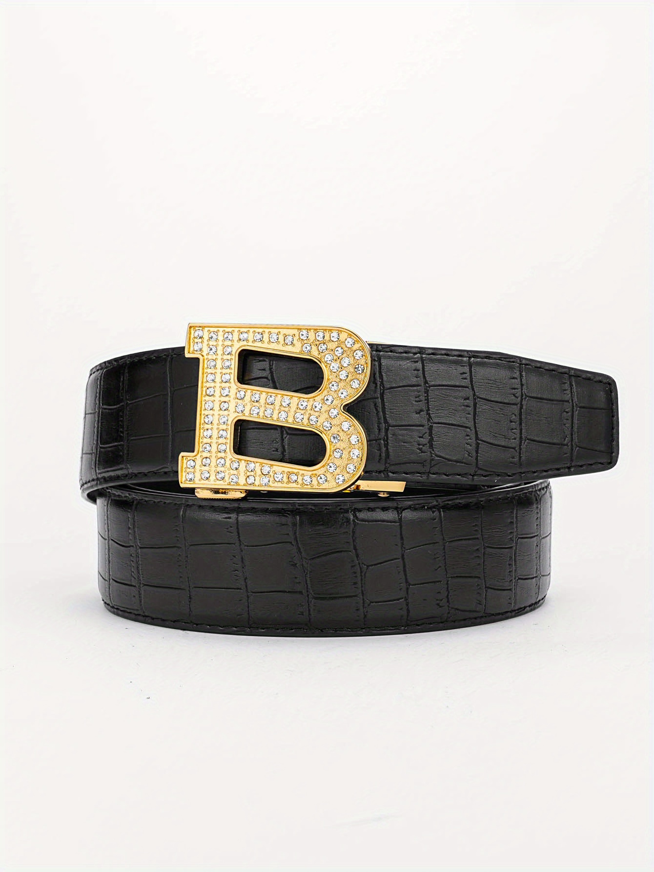 1pc Fashion Faux Diamond Inlaid Large B Letter Automatic Buckle PU Leather  Belt For Men