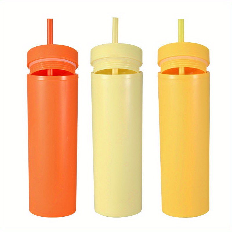 Ezhydrate Skinny Tumblers (4 Pack) - Orange- 16oz Matte Pastel Colored Acrylic Tumblers with Lids and Straws | Double Wall Plastic Tumbler with Lid