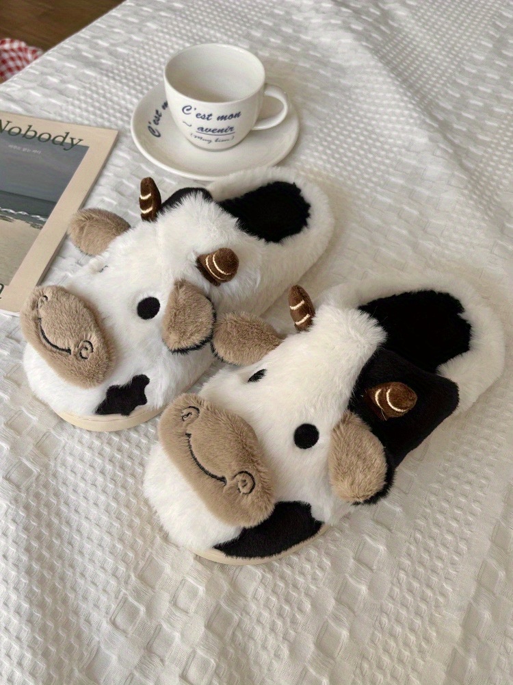 Lovskoo 2024 Cow Slippers for Women and Men Closed Toe Winter Cute Animal  Home Cotton Slippers for Couples Warm Thickened Indoor Non-Slip Shoes Brown  