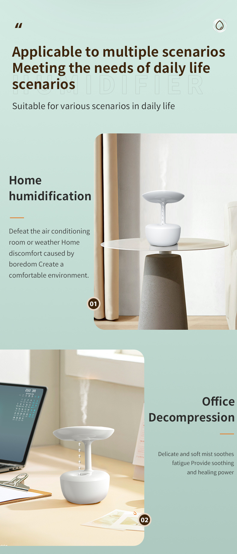 anti gravity water drop humidifier 700ml large capacity smart spray humidifier keep the air moist all day long creative water droplet back flow design automatic stop function humidifier suitable for office living room and bedroom details 11