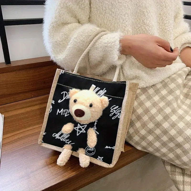 Cartoon Cute Bear Decor Handbag Canvas Bag Lunch Bag Tote - Temu