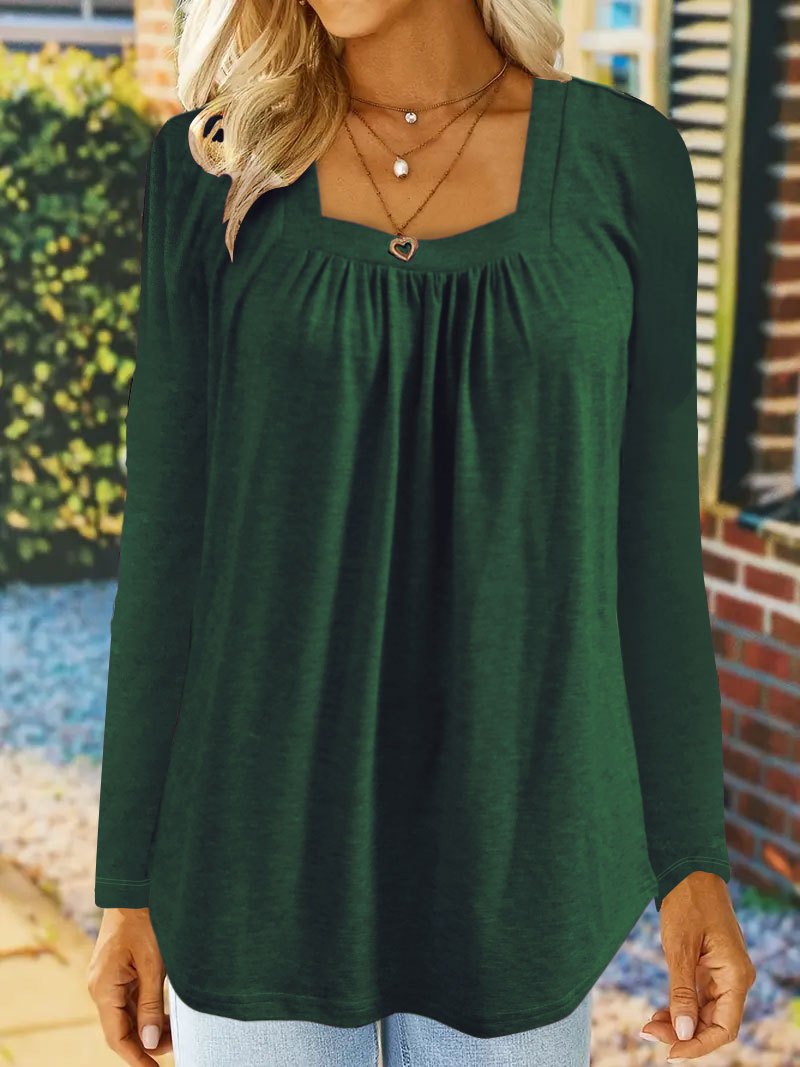 Women's Elegant Square Neck Long Sleeve Blouse - Solid Green Summer Top with Vertical Pleats, Machine Washable Casual Chic Shirt for Office & Social Events, Nontransparent Fabric
