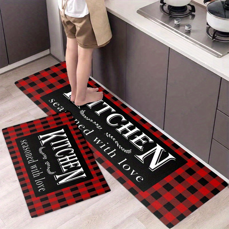 Kitchen Rugs Plaid Bear Black and Red Doormat with Non Skid Rubber Backing