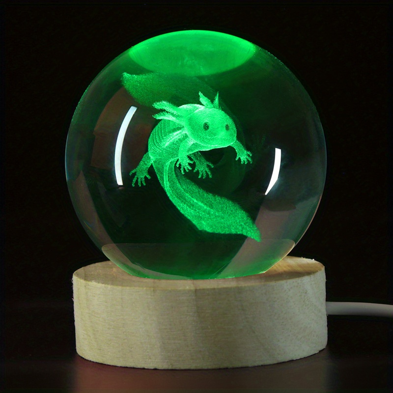 クリスタルボール　ウーパールーパー　レーザー彫刻　3D ライト付台座　USB　アホロートル