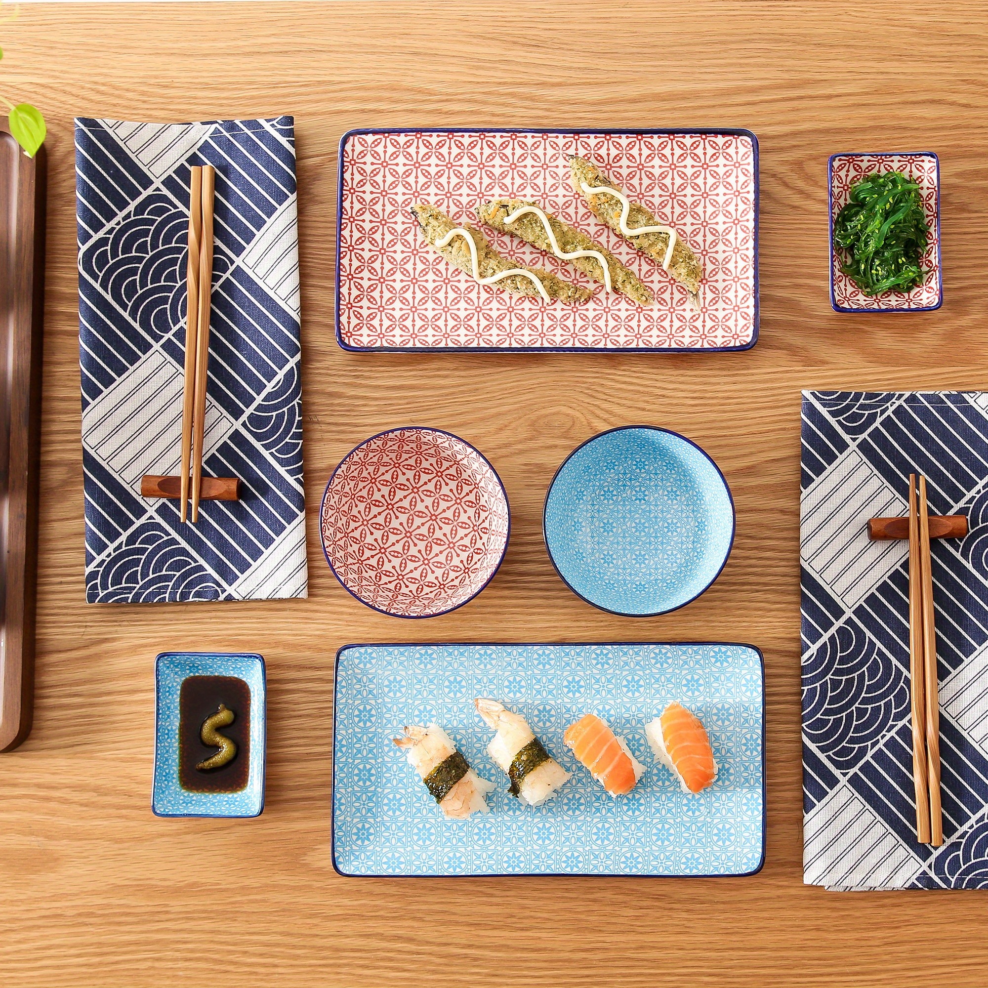 8 Pcs Japanese Style Ceramic Blue Red Sushi Serving Set, Macaron Porcelain  Sushi Plate Set For 2, Including Sushi Platters | Sushi Bowls | Dip Bowls 