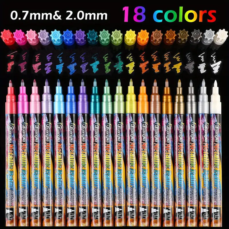Guangna 18 Colors Metallic Marker Pens, 0.7 mm Extra Fine Point Paint Pen, Metallic Painting Pens, Metallic Permanent Markers for Cards