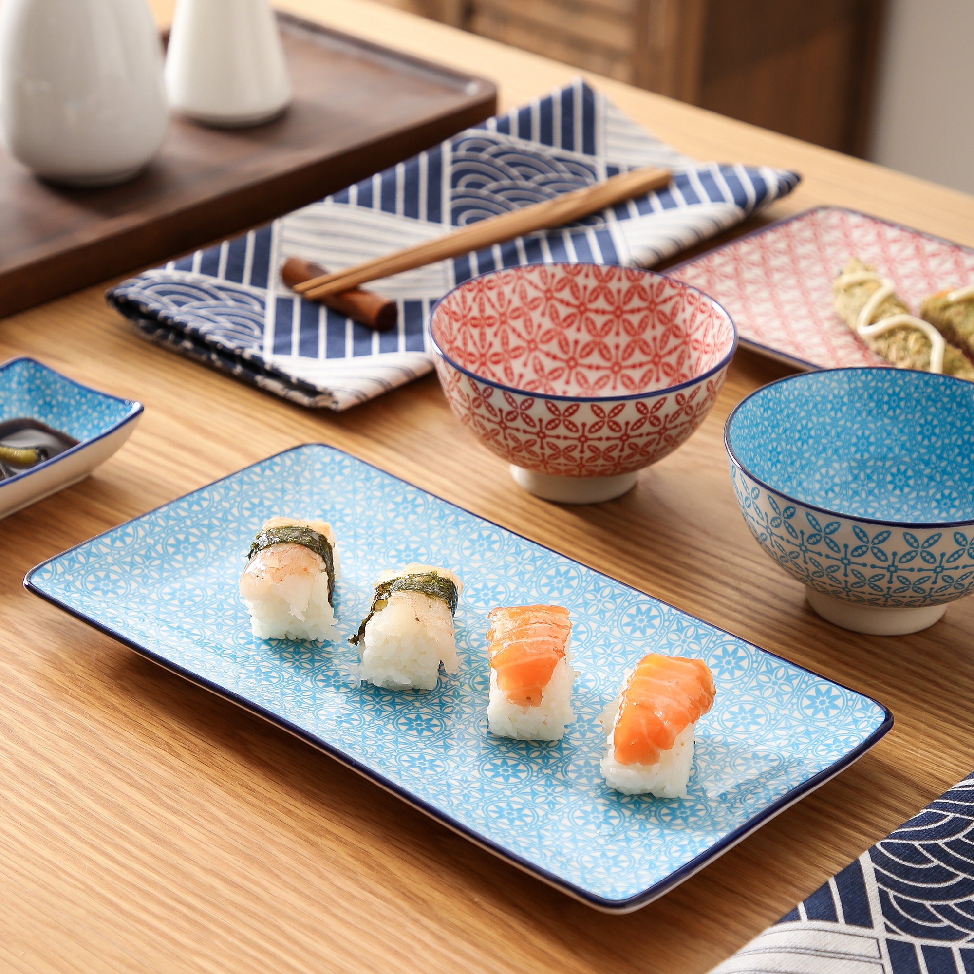 8 Pcs Japanese Style Ceramic Blue Sushi Serving Set, Porcelain Sushi Plate  Set For 2, Including Sushi Platters | Sushi Bowls | Dip Bowls | Chopsticks