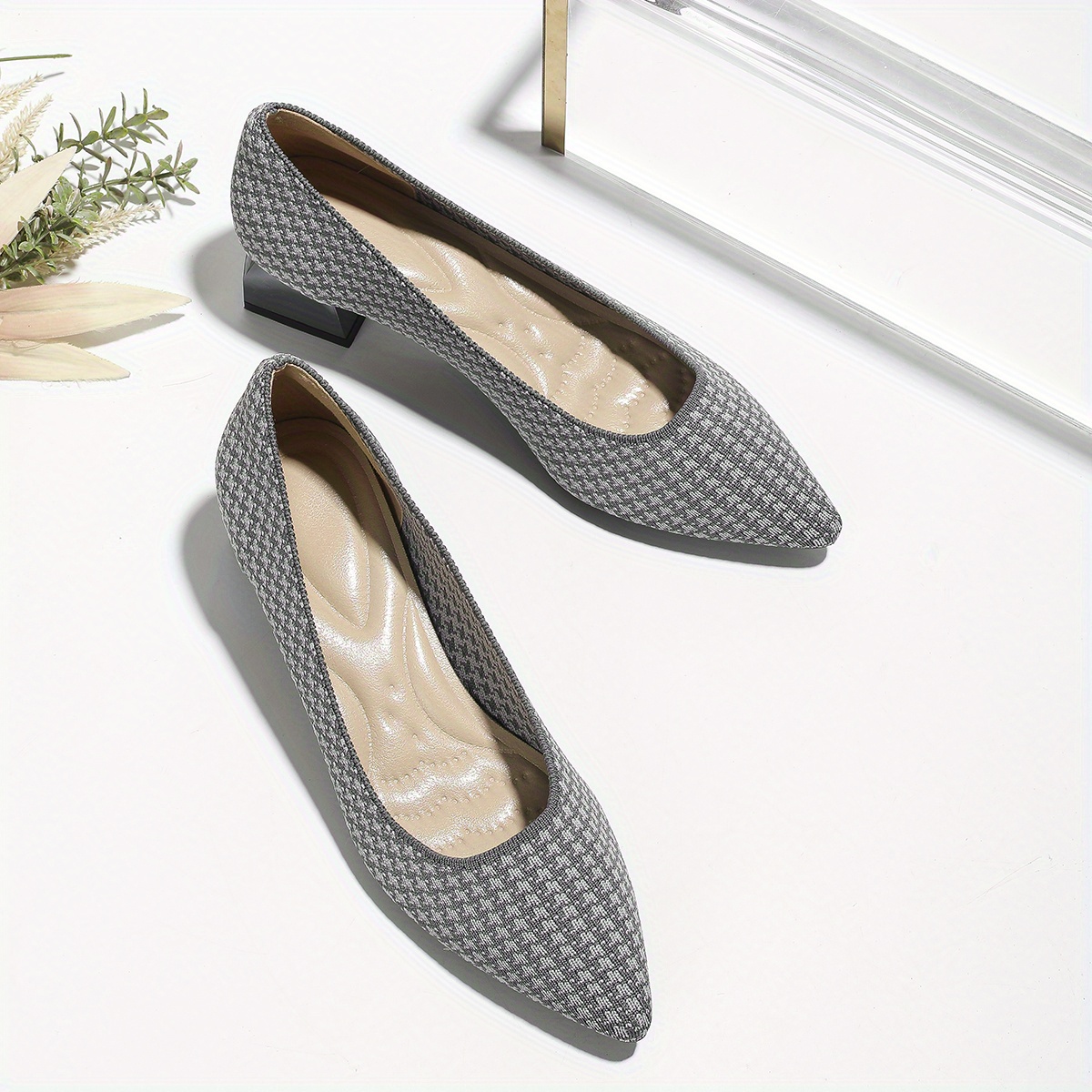 Women's Houndstooth Slip On Chunky Heels Lightweight Shoes