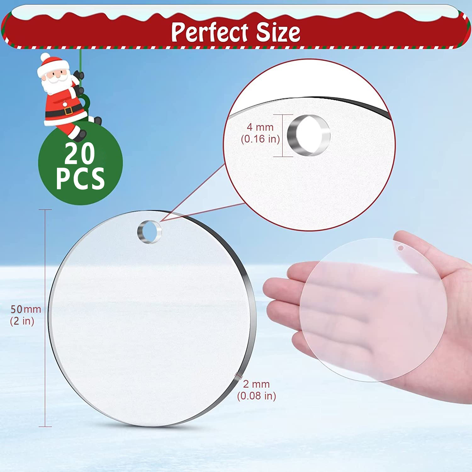 Bright Creations 20 Pieces Acrylic Circle Keychain Blanks, 3.5 Round Clear Discs with 10 Metal Rings for Christmas Ornaments, DIY Crafts
