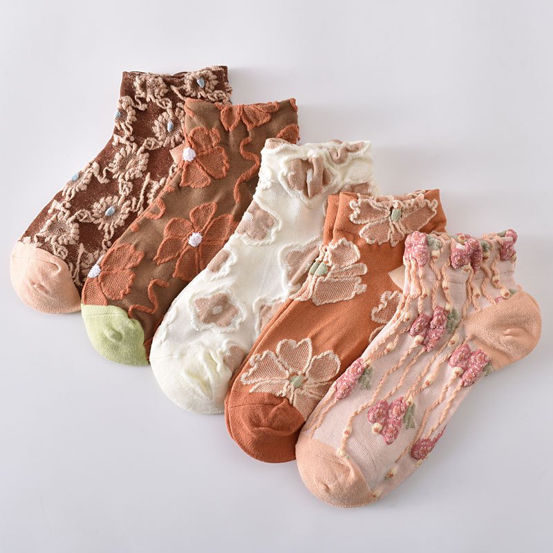 Image of 5 Pairs Of Women's Short Socks, Trendy Vintage Embossed Casual Lace Toeless Ankle Socks