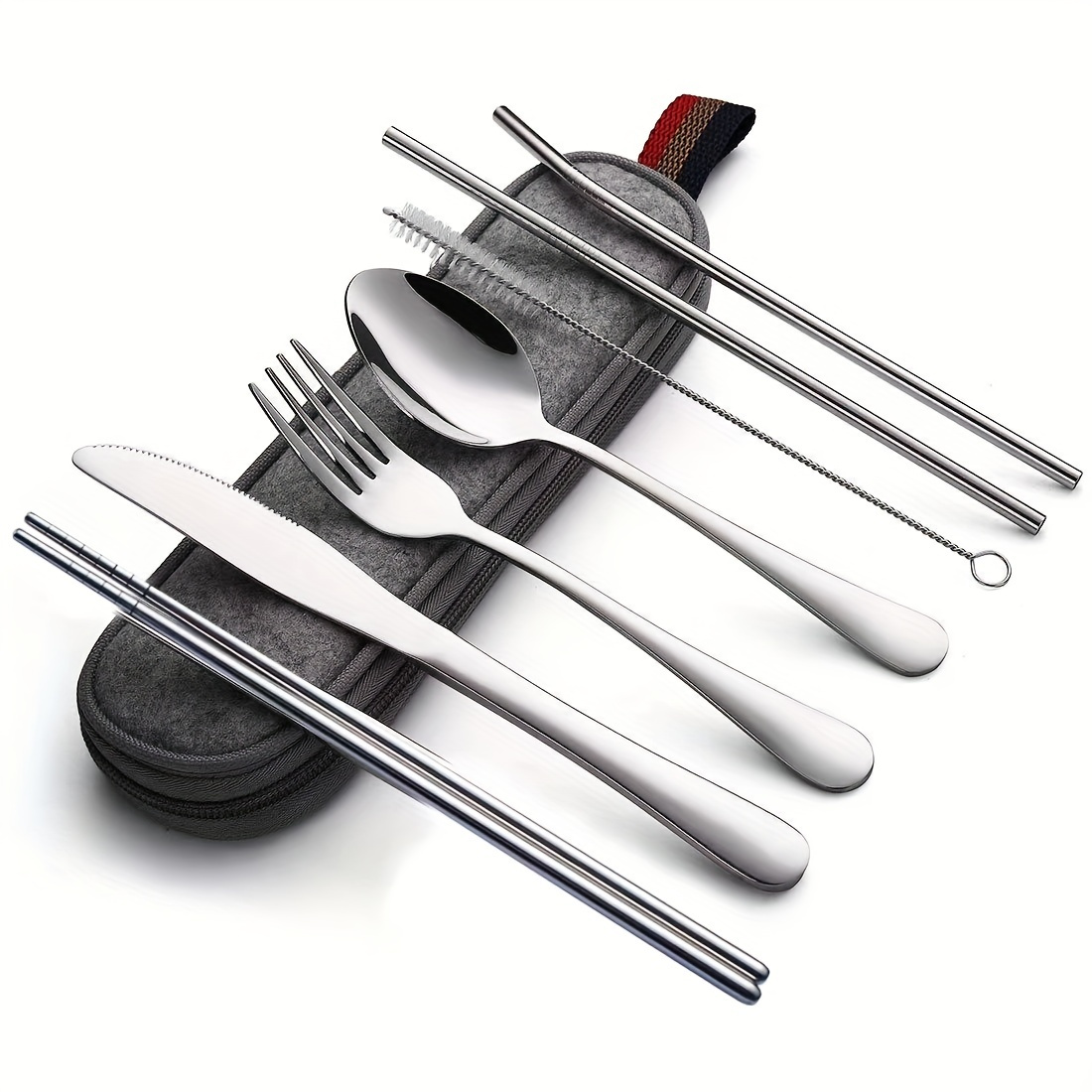 US$ 9.59 - Berglander Portable Utensils,Travel Camping Flatware  Set,Stainless Steel Silverware Set,Include  Knive/Fork/Spoon/Chopsticks/Straws/Brush/Portable Case(Silver-8 Piece) … -  m.