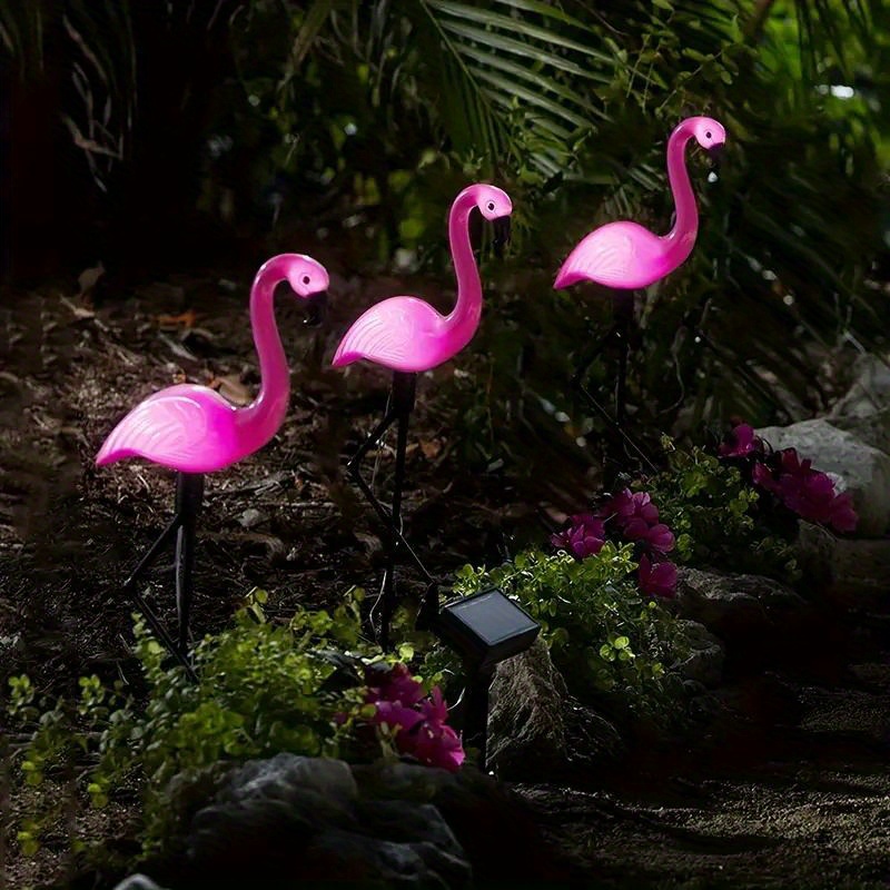 3pcs garden outdoor flamingo led stake lights solar powered waterproof for garden lawn patio pond backyard decor details 3