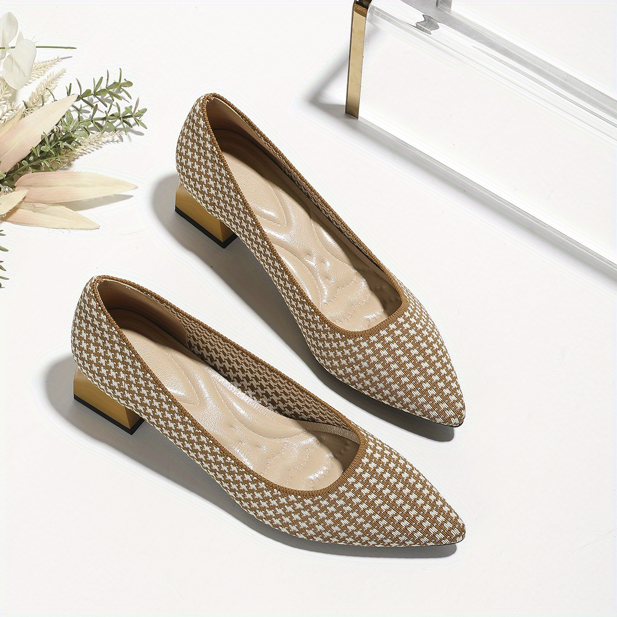 Women's Houndstooth Slip On Chunky Heels Lightweight Shoes