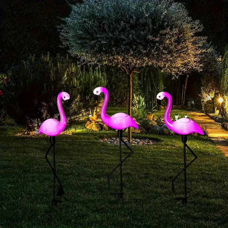 3pcs garden outdoor flamingo led stake lights solar powered waterproof for garden lawn patio pond backyard decor details 0