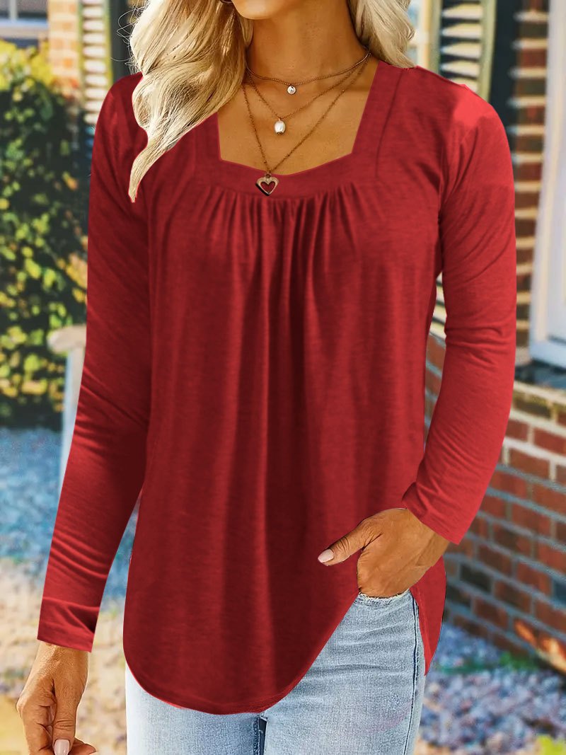 Women's Elegant Square Neck Long Sleeve Blouse - Solid Green Summer Top with Vertical Pleats, Machine Washable Casual Chic Shirt for Office & Social Events, Nontransparent Fabric