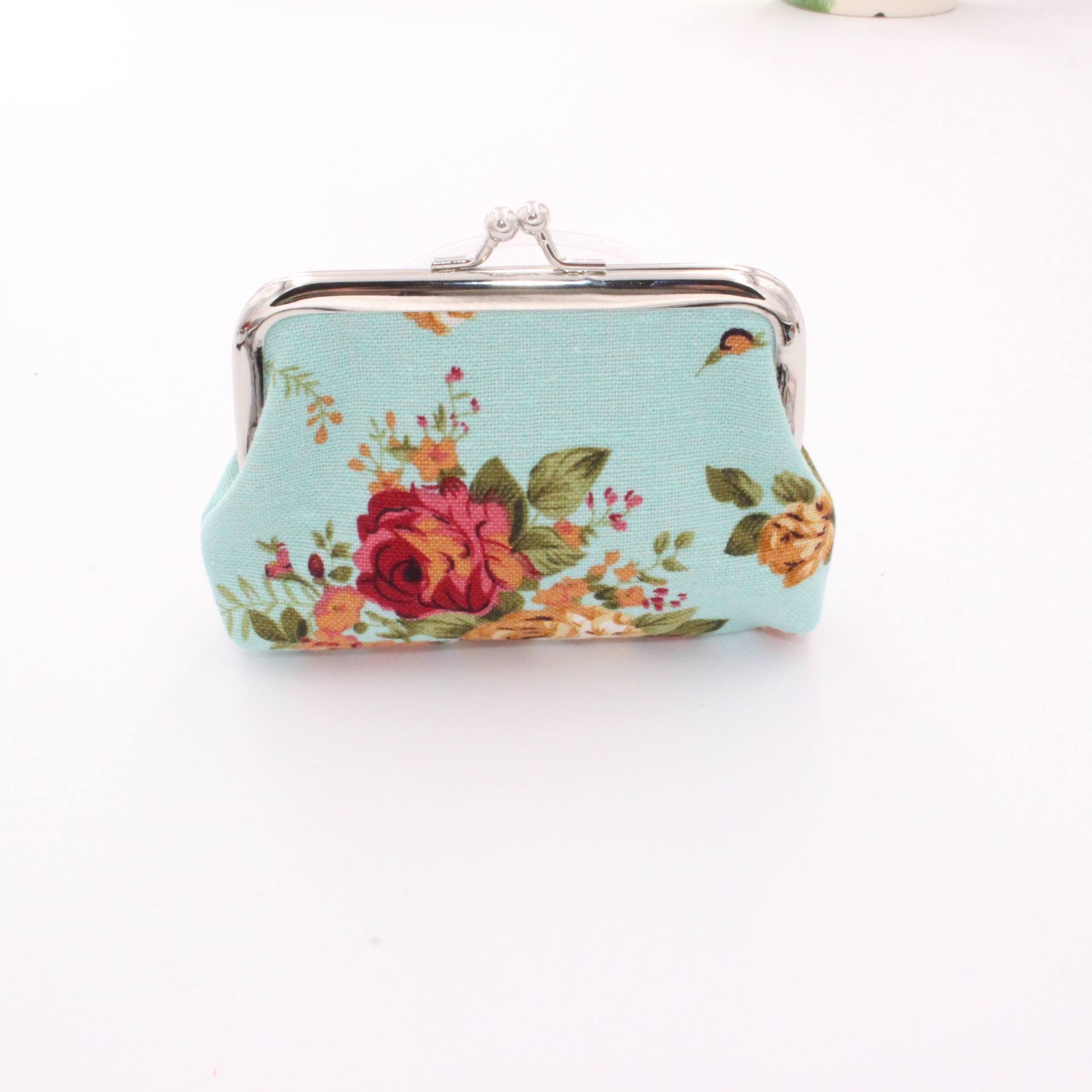 Vintage Rose Print Coin Purse Makeup Bag Kiss Lock Holder