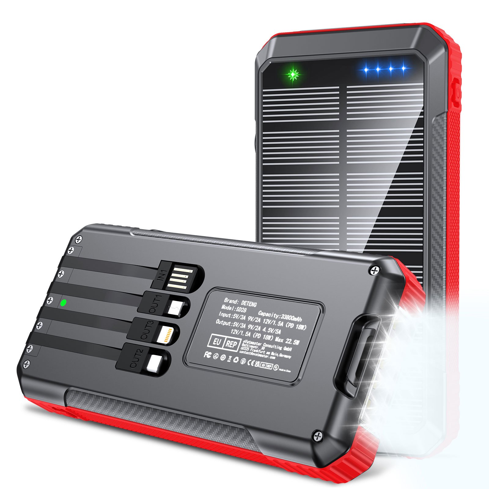 Cargador portátil inalámbrico 5 en 1, 36800 mAh, 5 salidas Dual QC4.0 25W  PD USB C, carga rápida inalámbrica de 15 W, cargador solar IP65 compatible