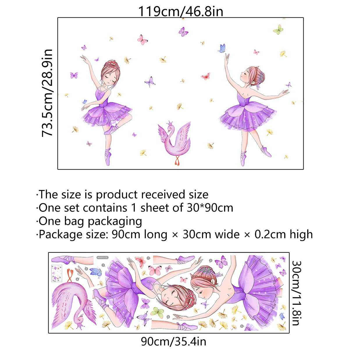 1 (30×90cm) 2d Flat Wall Sticker Featuring Ballet And Butterflies For Home Decor, Self-adhesive Wall Sticker, Ms4313-zc, 2d Flat