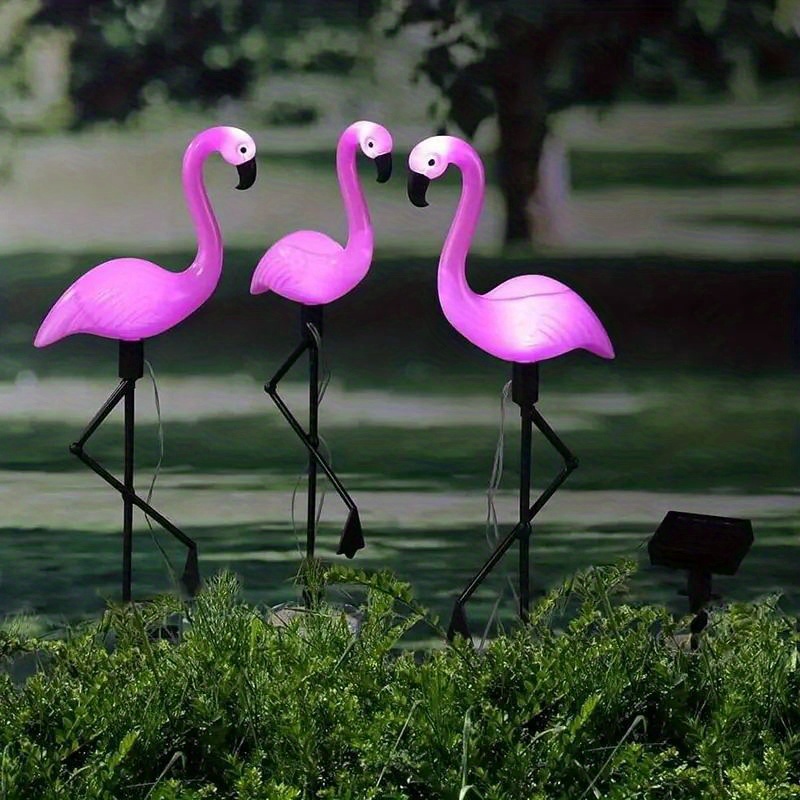 3pcs garden outdoor flamingo led stake lights solar powered waterproof for garden lawn patio pond backyard decor details 8