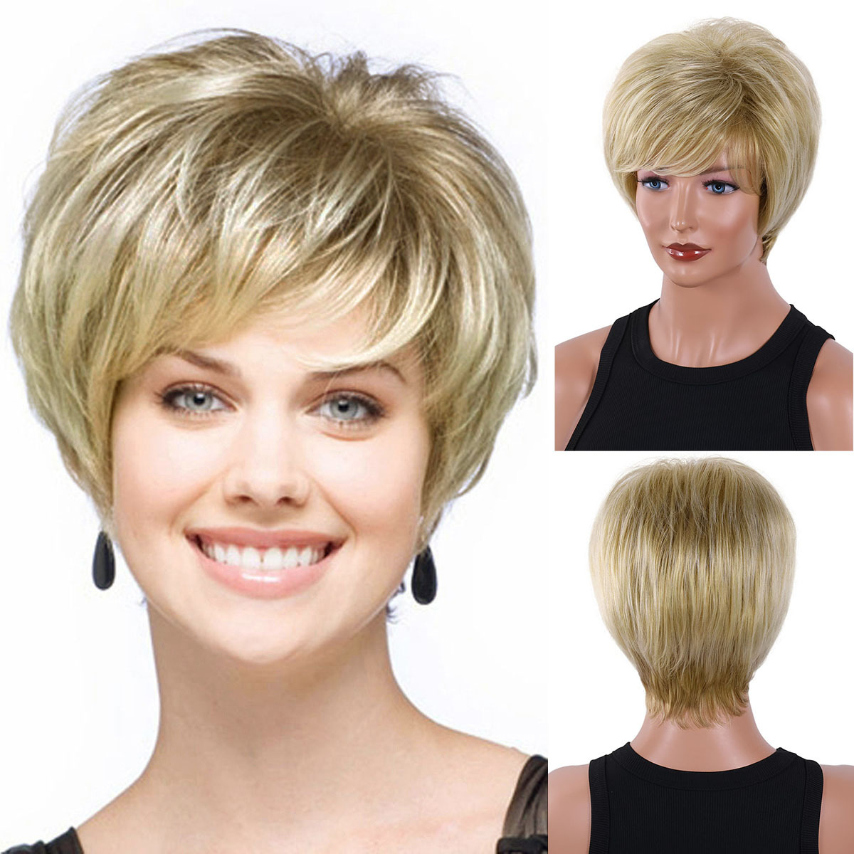 Image of 6 Inch Short Blonde Straight Wigs With Bangs Short Cut Wigs Natural Looking Synthetic Hair Wigs For Daily Use
