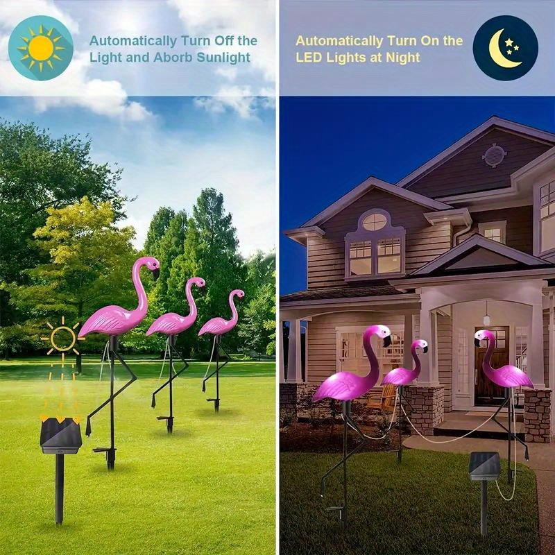 3pcs garden outdoor flamingo led stake lights solar powered waterproof for garden lawn patio pond backyard decor details 5