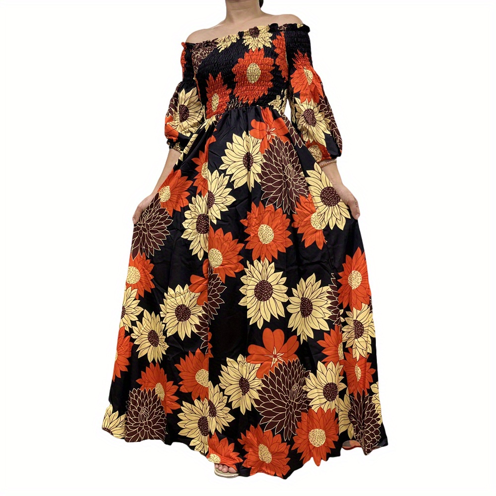 Tan Retro Floral Swirl Print Maxi Shirt Dress