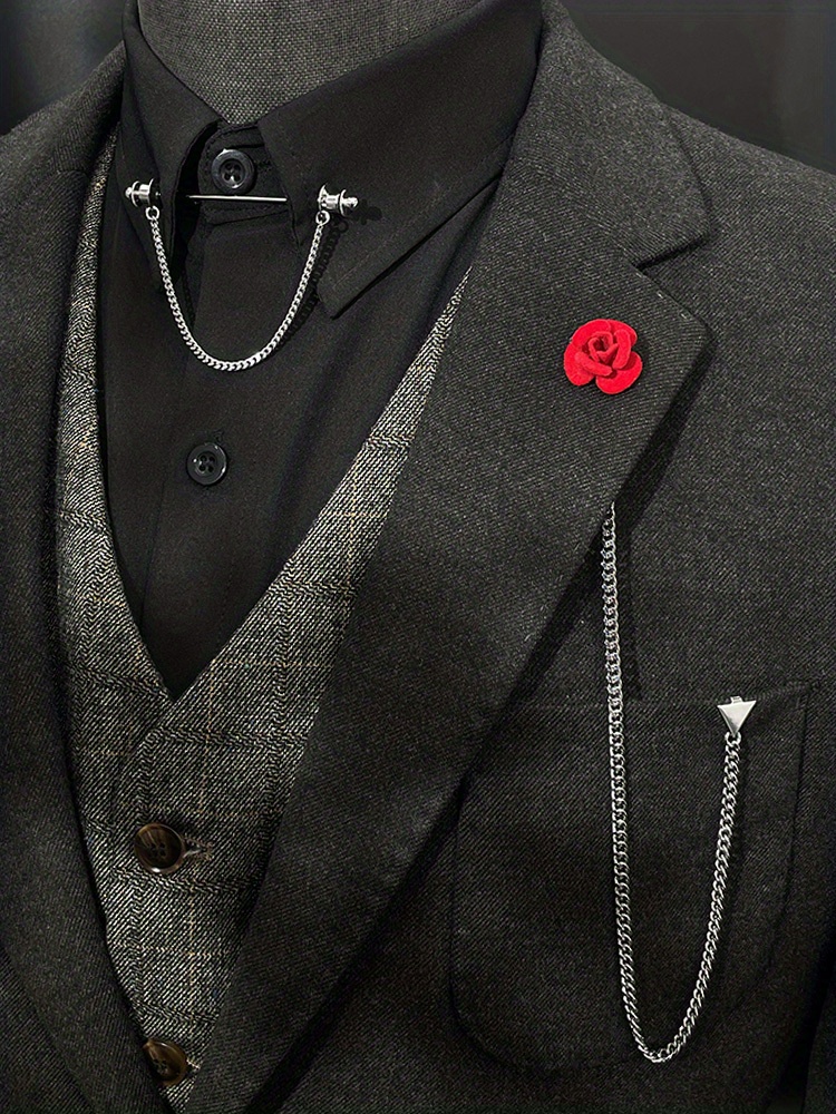 Red Rose Lapel Chain Knot Zircon Suit Brooch With Chain Tuxedo Earrings,  Men's Shirt Collar Pin Wedding Groomsman Accessories - Temu