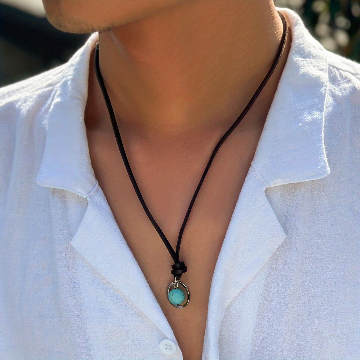 Image of 1pc Bohemian Retro Round Ring Turquoise Necklace Hip-hop Individual Faux Leather Men's Clavicle Necklace